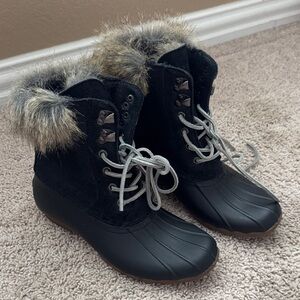 Sperry Black and Gray Faux Fur-Trimmed Winter Boots NWOT